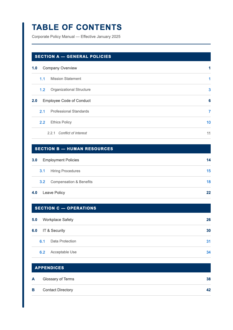 Corporate standard table of contents